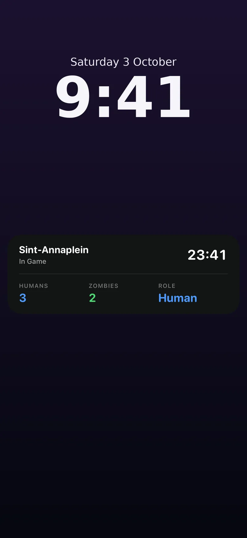 Lock screen Live Activity for a human: 23:41 left, 3 humans, 2 zombies.