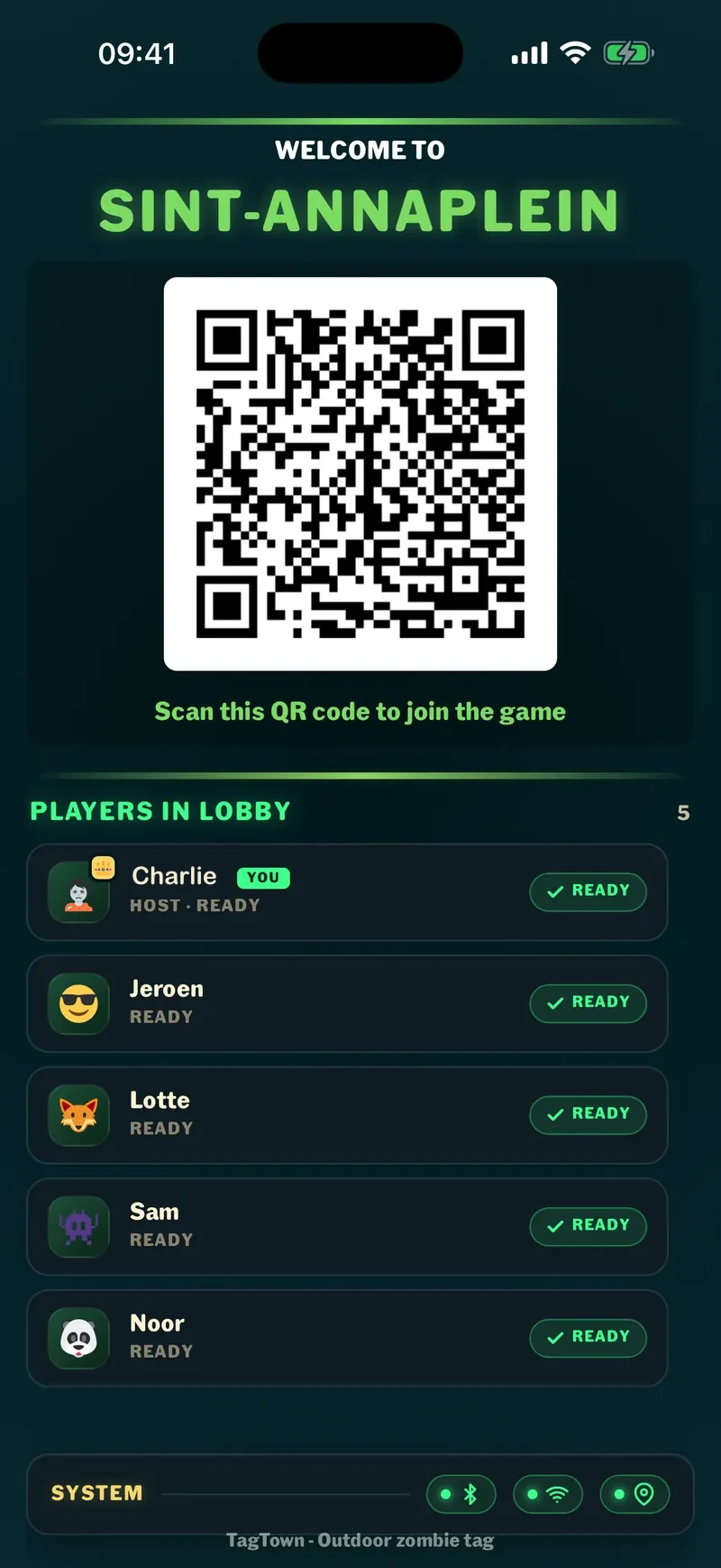 TagTown lobby with a QR code to join and a list of five players marked ready.