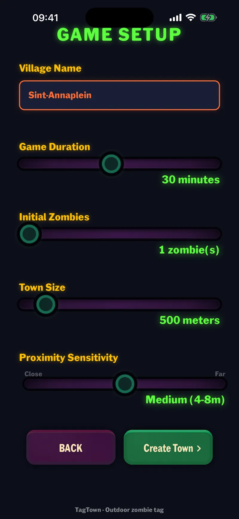 TagTown game setup screen with village name, game duration, initial zombies, town size and proximity sensitivity sliders.