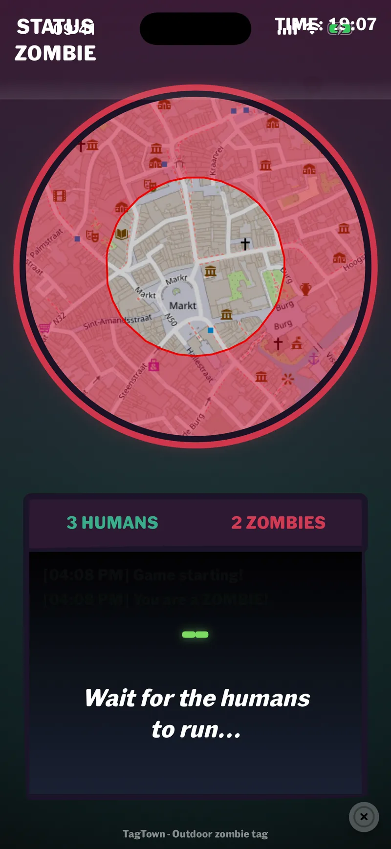 TagTown in-game screen as a zombie, waiting for the humans to run.